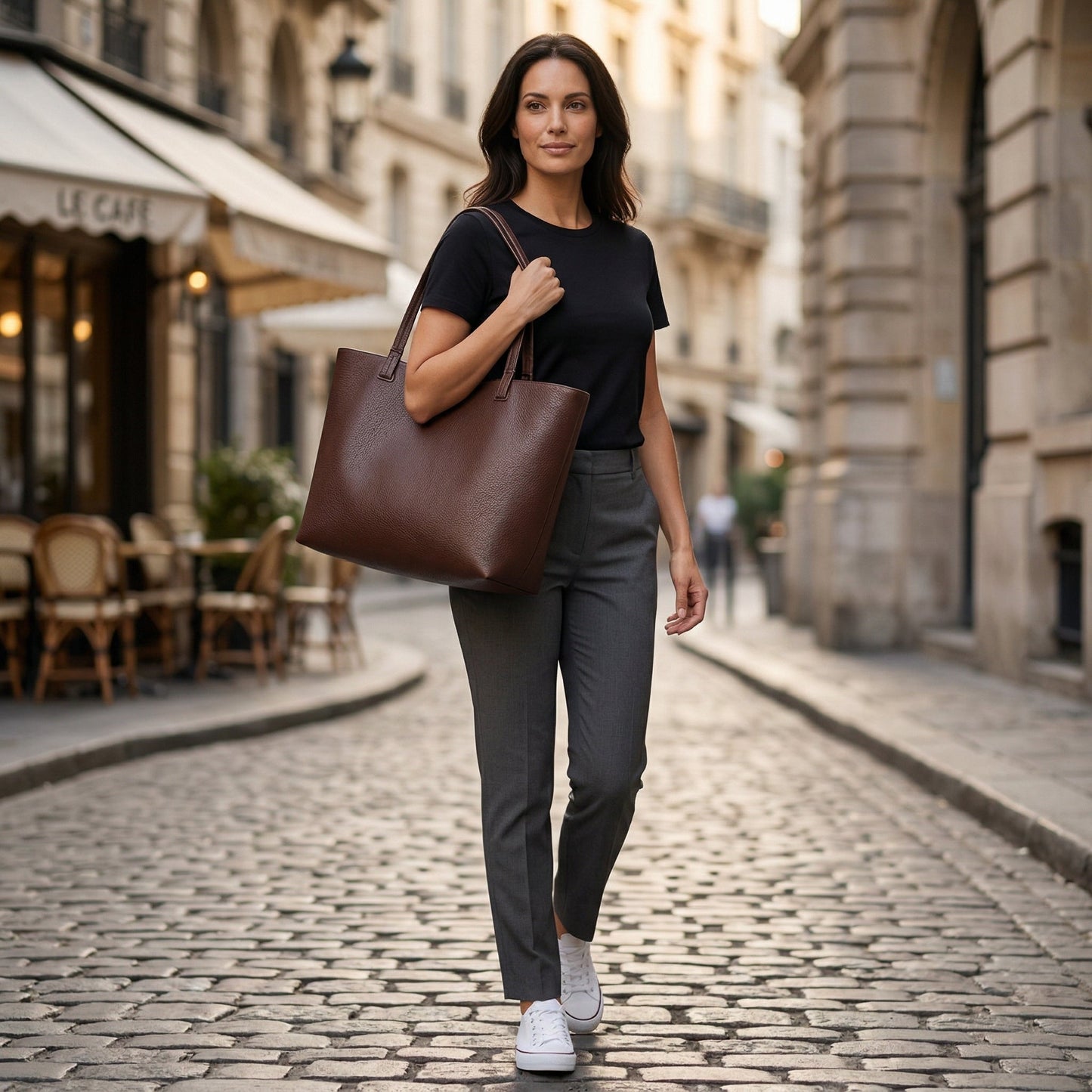 Große braune genarbte Kunstleder-Schultertasche im Tote-Stil, seitliche Ansicht getragen
