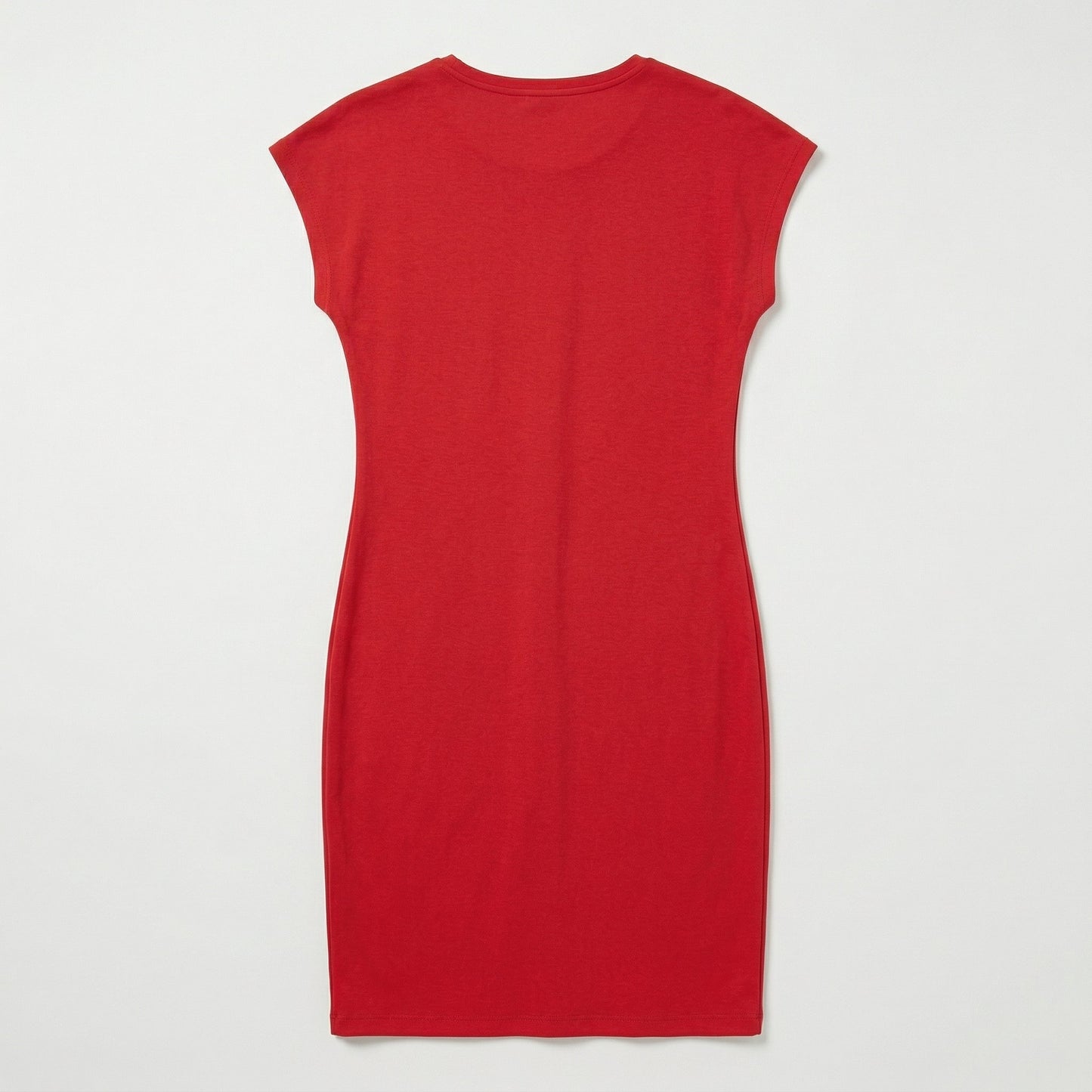 Rückansicht rotes midi Kleid mit Rundhalsausschnitt und kurzen Ärmeln, glatt und einfarbig