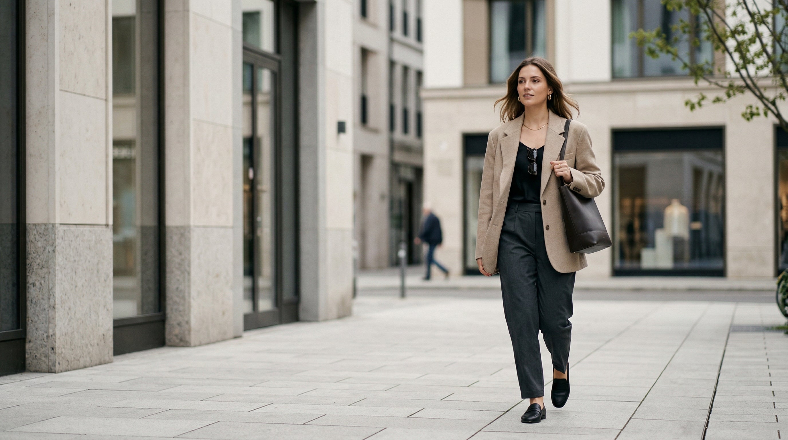 Elegante junge Frau in modernem Business-Casual-Outfit mit beigem Blazer spaziert durch eine helle, europäische Stadtstraße.