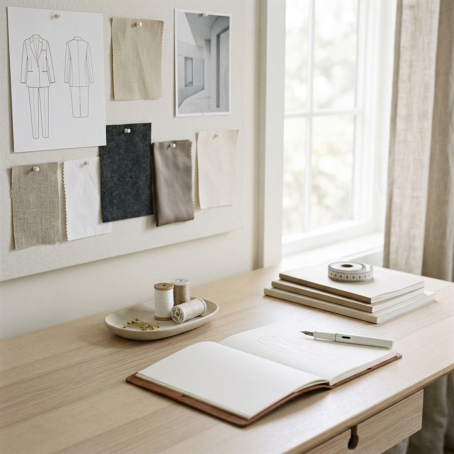Aufgeräumter Arbeitsplatz im Modedesign mit aufgeschlagenem Skizzenbuch, Garnrollen und einem Moodboard mit Stoffproben in neutralen Farben.