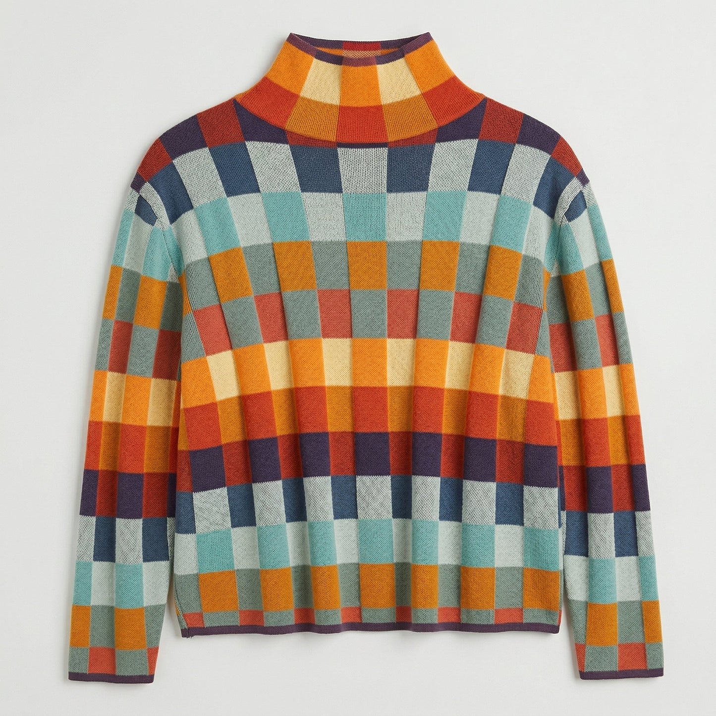 Mehrfarbiger Damenpullover mit hohem Kragen und kariertem Muster in Orange, Blau und Rot, flach liegend