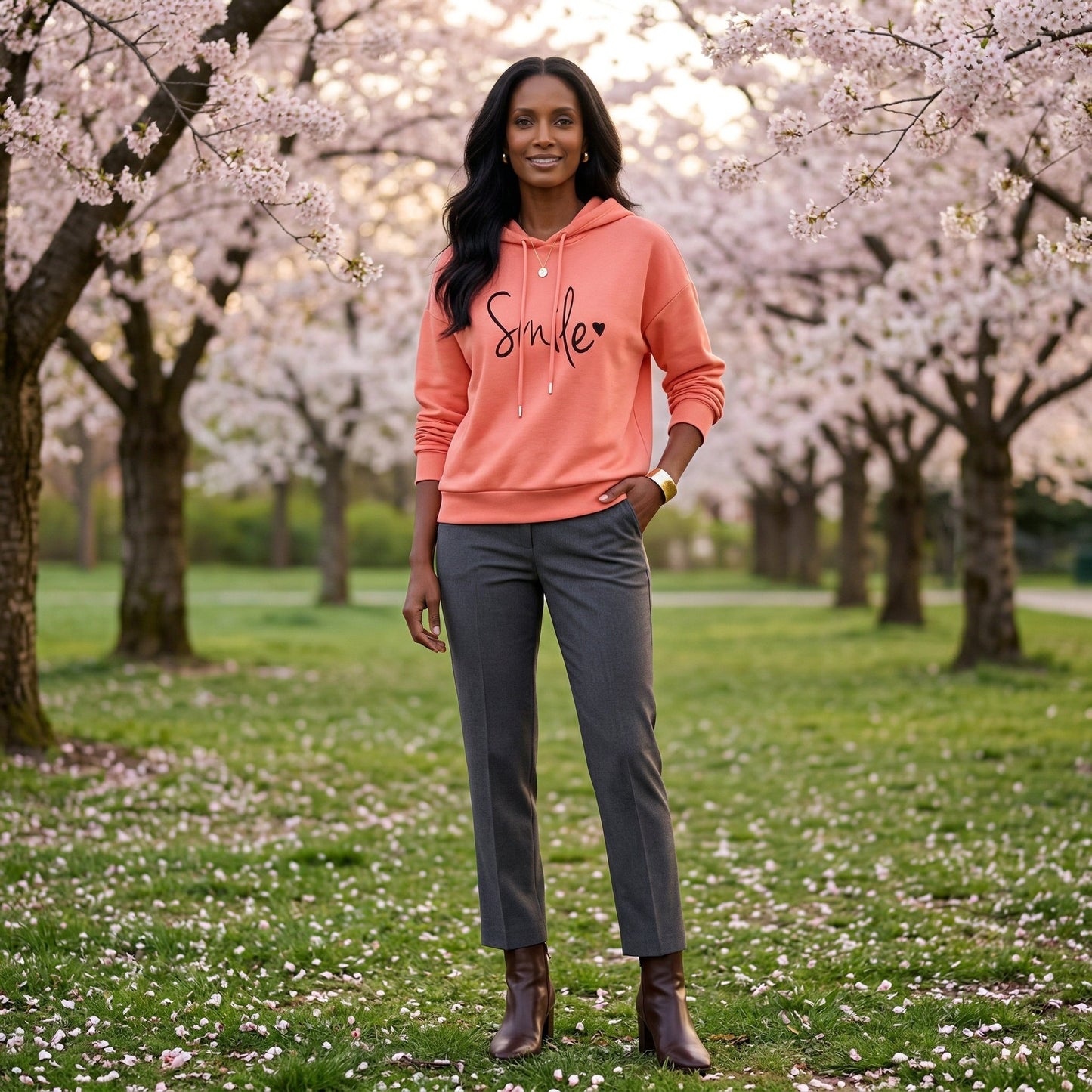 Korallenroter Hoodie mit Kapuze und schwarzem Smile-Schriftzug, langärmlig, frontale Ansicht