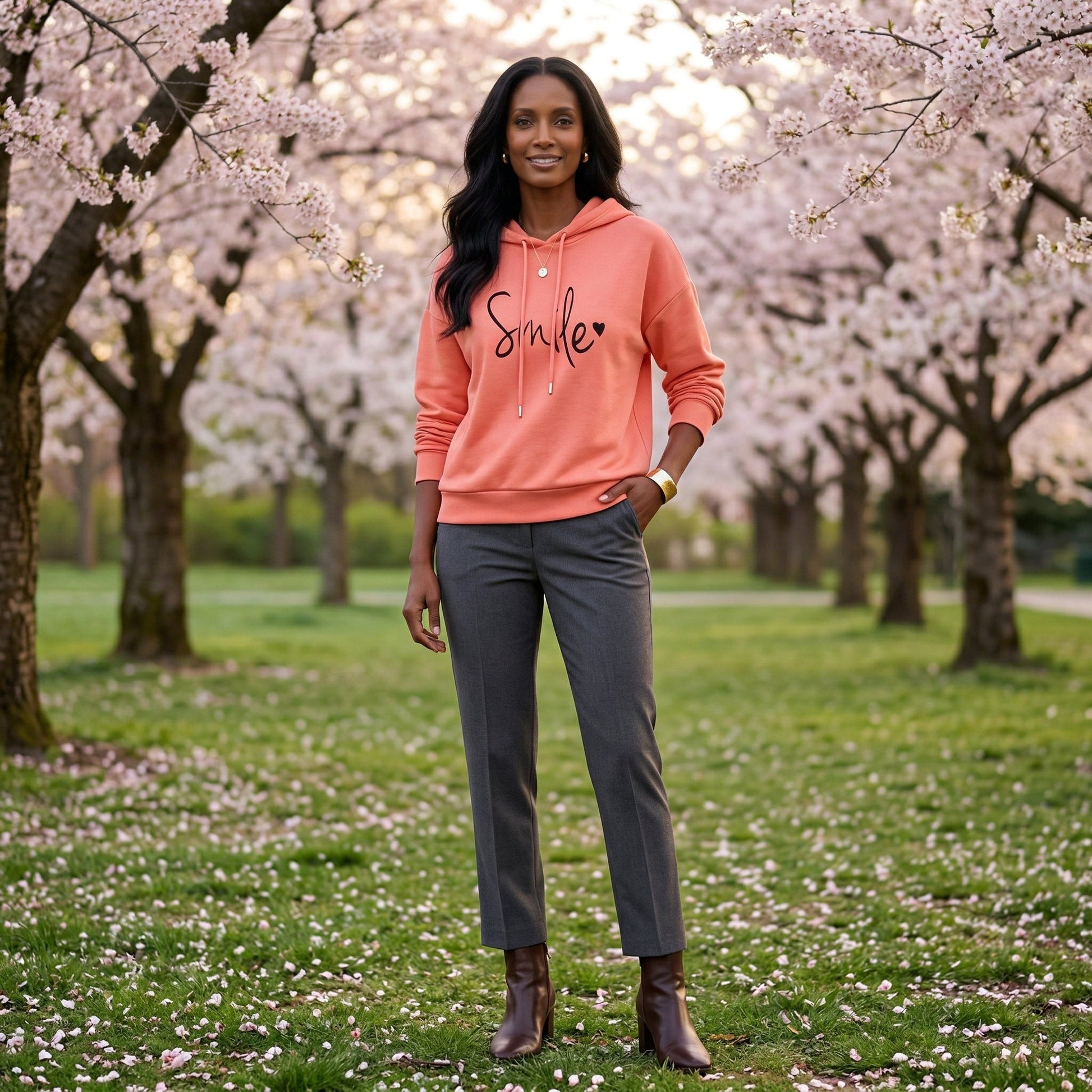Korallenroter Hoodie mit Kapuze und schwarzem Smile-Schriftzug, langärmlig, frontale Ansicht