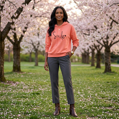Korallenroter Hoodie mit Kapuze und schwarzem Smile-Schriftzug, langärmlig, frontale Ansicht