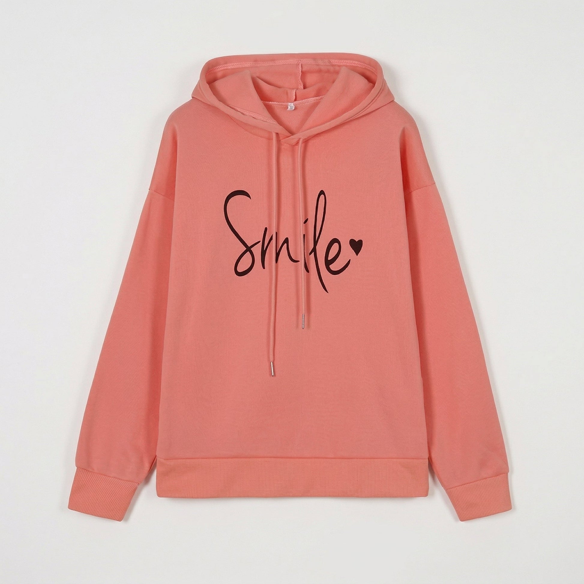 Korallenroter Kapuzenpullover mit langem Arm und schwarzem Smile-Schriftzug vorne
