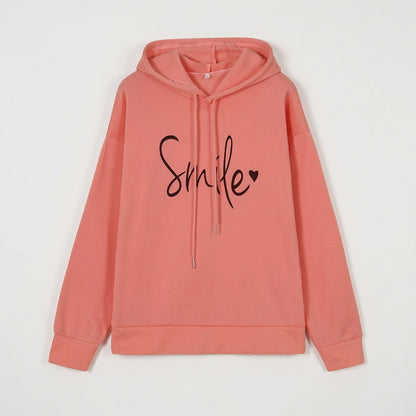 Korallenroter Kapuzenpullover mit langem Arm und schwarzem Smile-Schriftzug vorne