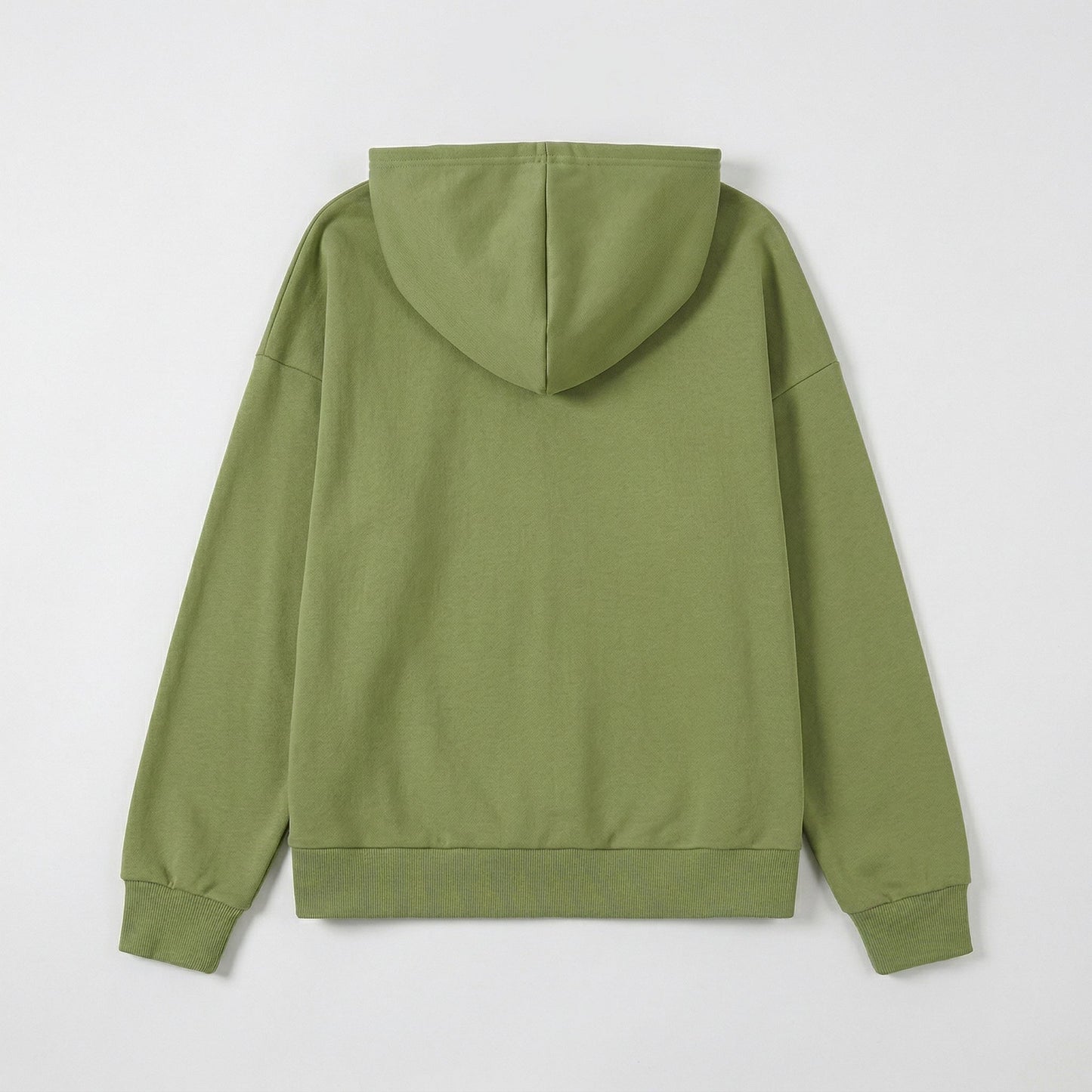 Olivgrüner Kapuzenpullover mit langen Ärmeln und gerippten Bündchen, Rückansicht