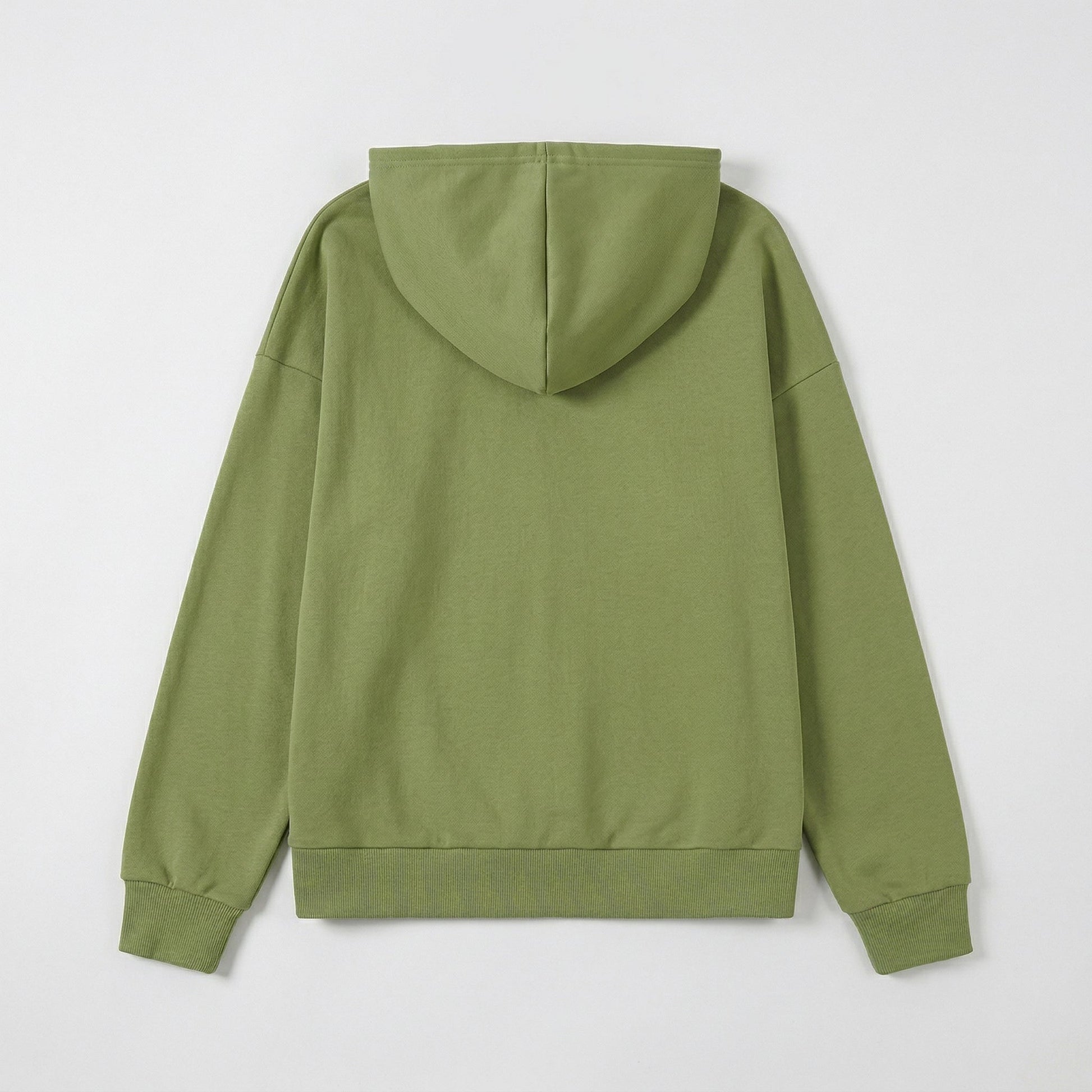 Olivgrüner Kapuzenpullover mit langen Ärmeln und gerippten Bündchen, Rückansicht