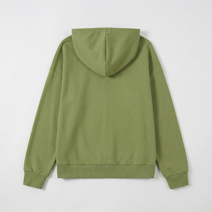 Olivgrüner Kapuzenpullover mit langen Ärmeln und gerippten Bündchen, Rückansicht