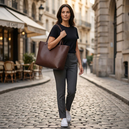 Große braune genarbte Kunstleder-Schultertasche im Tote-Stil, seitliche Ansicht getragen