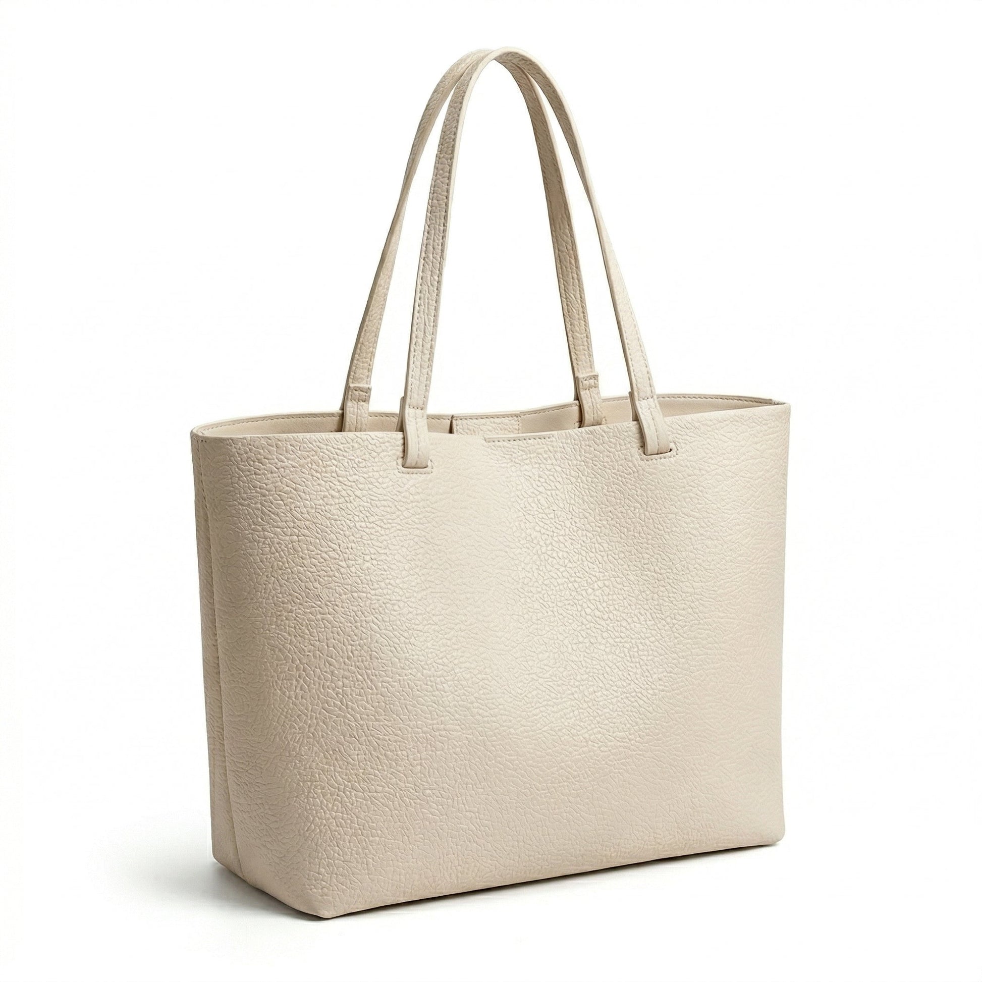 Große cremefarbene strukturierte Tote Bag mit zwei langen Schulterriemen, seitliche Ansicht