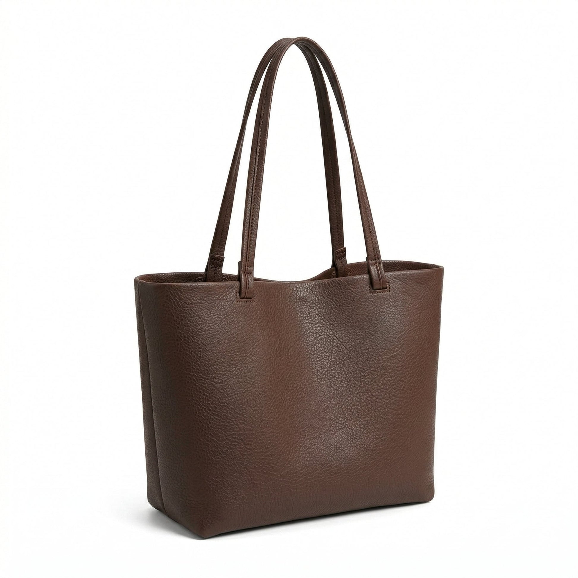 Dunkelbraune genarbte Tote Bag mit zwei langen Schulterriemen, seitliche Ansicht