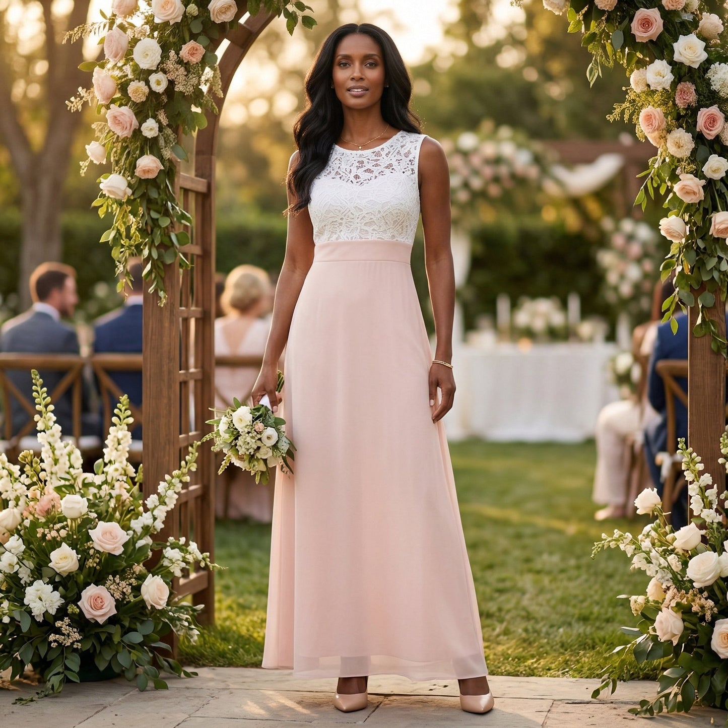 Ärmelloses Maxikleid mit weißem Spitzenoberteil und pastellrosa fließendem Rock, Frontansicht