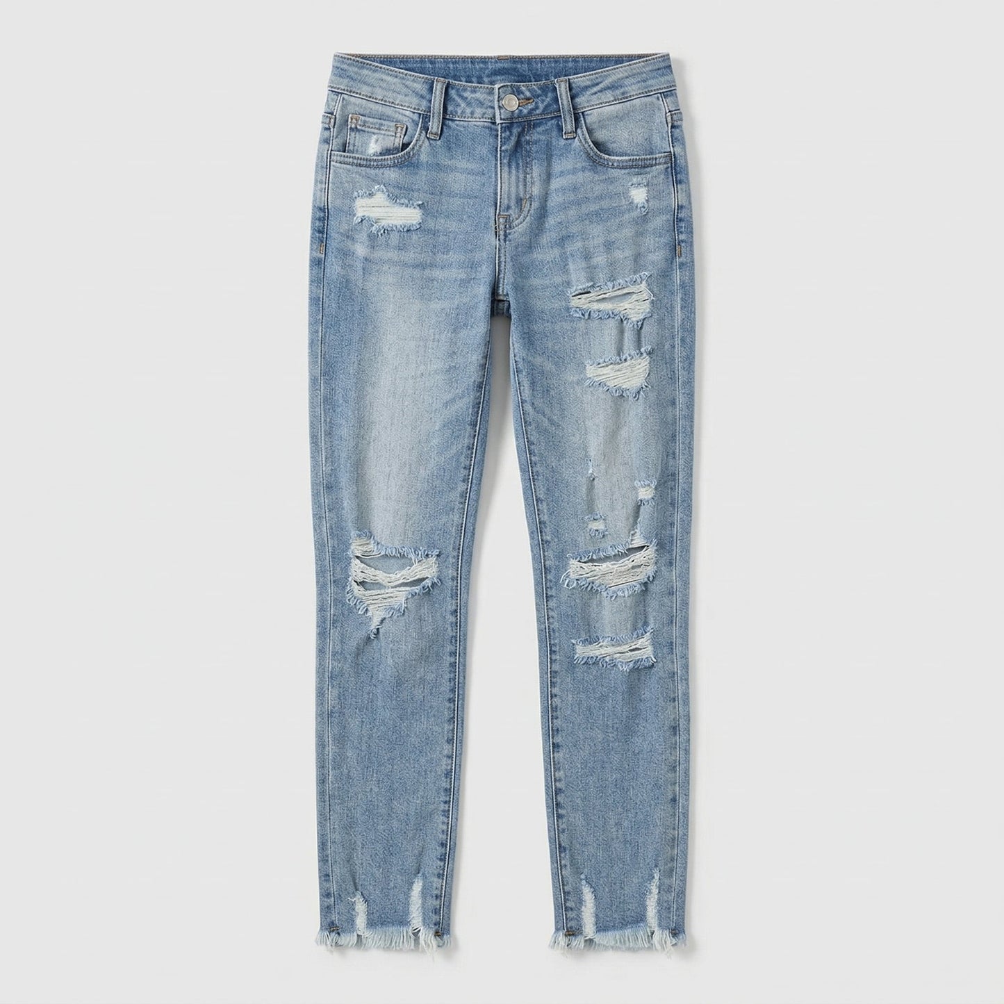Hellblaue Damen-Jeans mit mittlerer Taille, geradem Bein, Rissen und Fransen am Saum, Vorderansicht