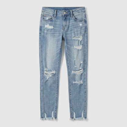 Hellblaue Damen-Jeans mit mittlerer Taille, geradem Bein, Rissen und Fransen am Saum, Vorderansicht