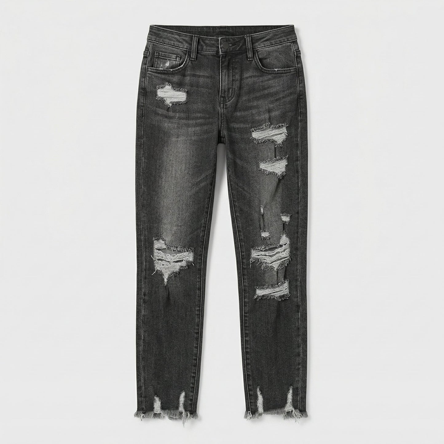 Damen schwarze geradlinige Jeans mit mittlerer Taille und auffälligen Rissen sowie ausgefranstem Saum, Vorderansicht