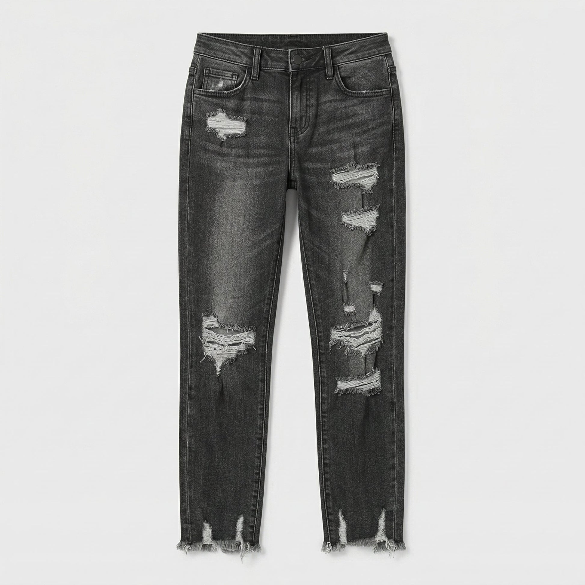Damen schwarze geradlinige Jeans mit mittlerer Taille und auffälligen Rissen sowie ausgefranstem Saum, Vorderansicht
