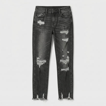 Damen schwarze geradlinige Jeans mit mittlerer Taille und auffälligen Rissen sowie ausgefranstem Saum, Vorderansicht
