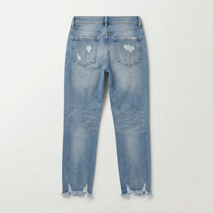 Hellblaue Damenjeans mit mittlerer Taille, geradem Schnitt, Used-Look und ausgefranstem Saum, Rückansicht