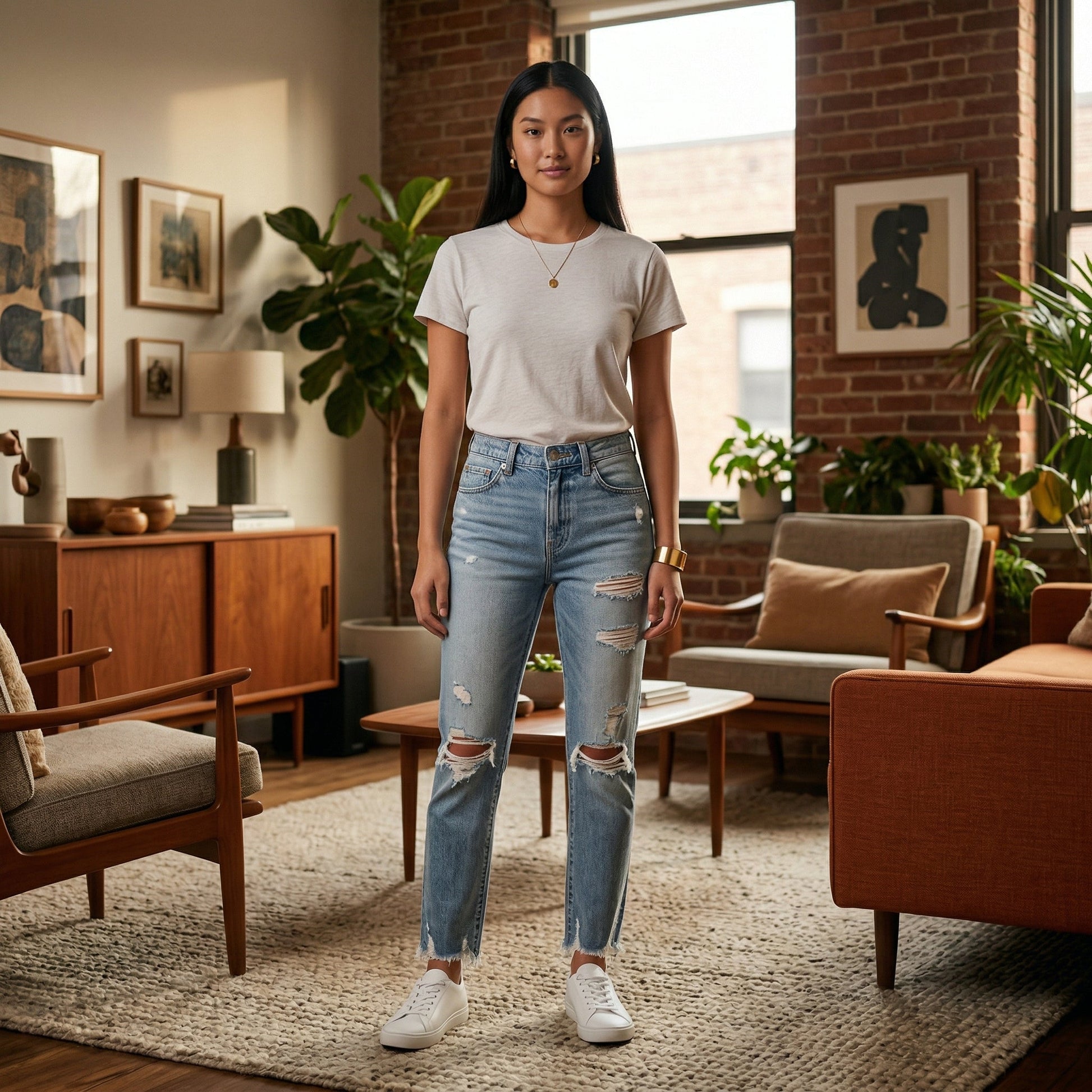 Damen hellblaue geradgeschnittene Jeans mit Rissen und ausgefranstem Saum, frontale Ganzkörperansicht