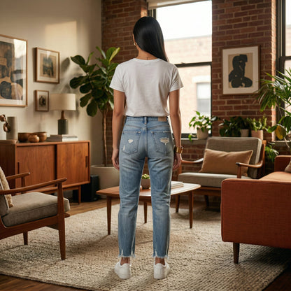 Damenjeans hellblau mit mittlerer Taille, geradem Schnitt, aufgerissenen Taschen und ausgefranstem Saum, Rückansicht