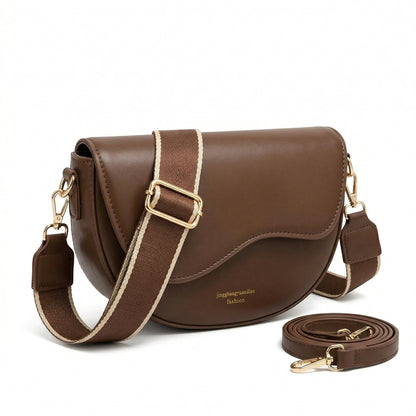 Braune kleine Satteltasche aus glattem PU-Leder mit breitem verstellbarem Stoffriemen und goldfarbenen Beschlägen
