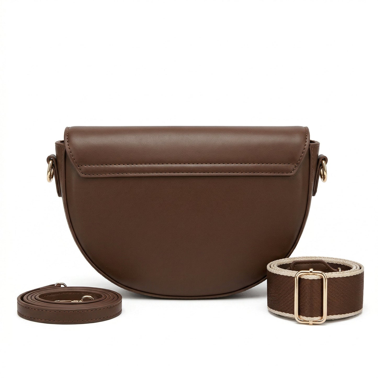 Dunkelbraune kleine Satteltasche aus glattem PU-Leder mit zwei abnehmbaren Riemen und Klappe, Rückansicht