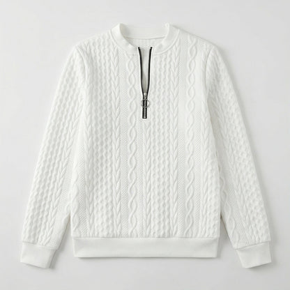 Weißes Damenpullover Sweatshirt mit Zopfmuster und kurzem Reißverschluss vorne, flach liegend
