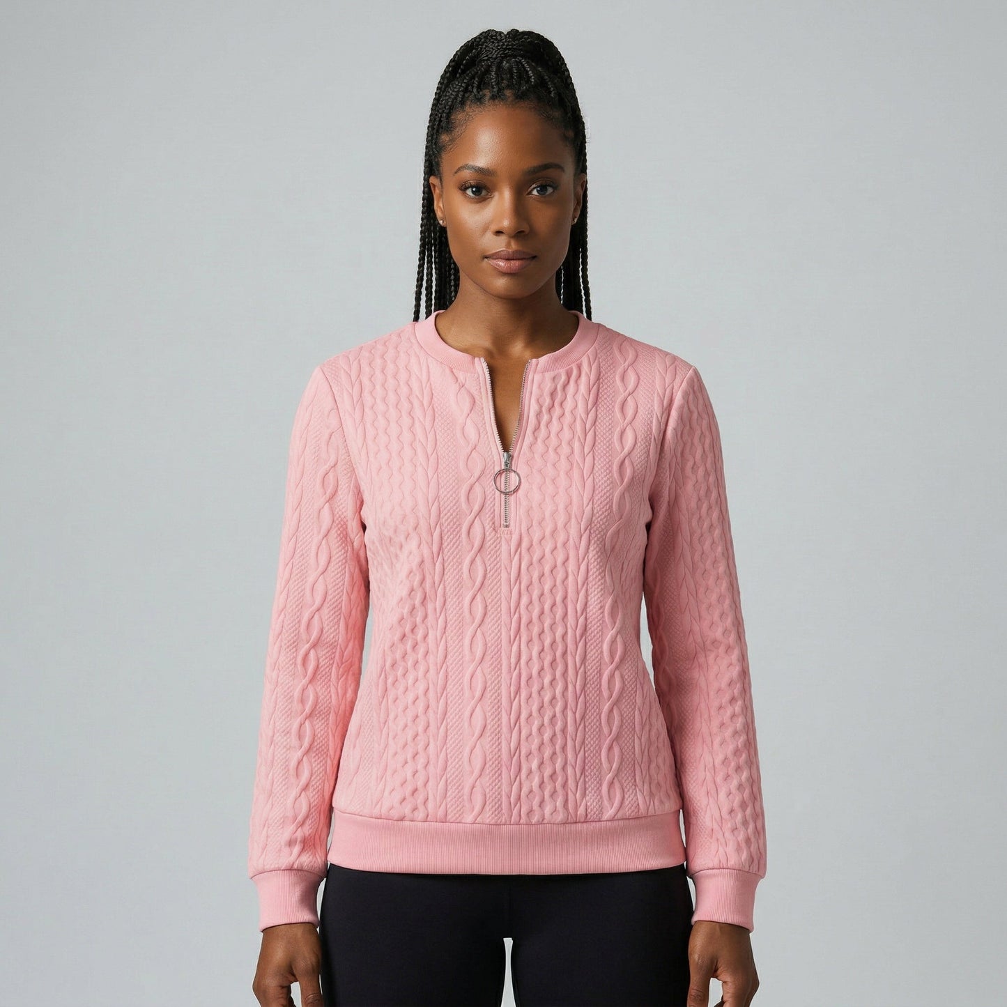 Rosa Zopfmuster Pullover mit halbem Reißverschluss und Rundhalsausschnitt, frontale Ansicht