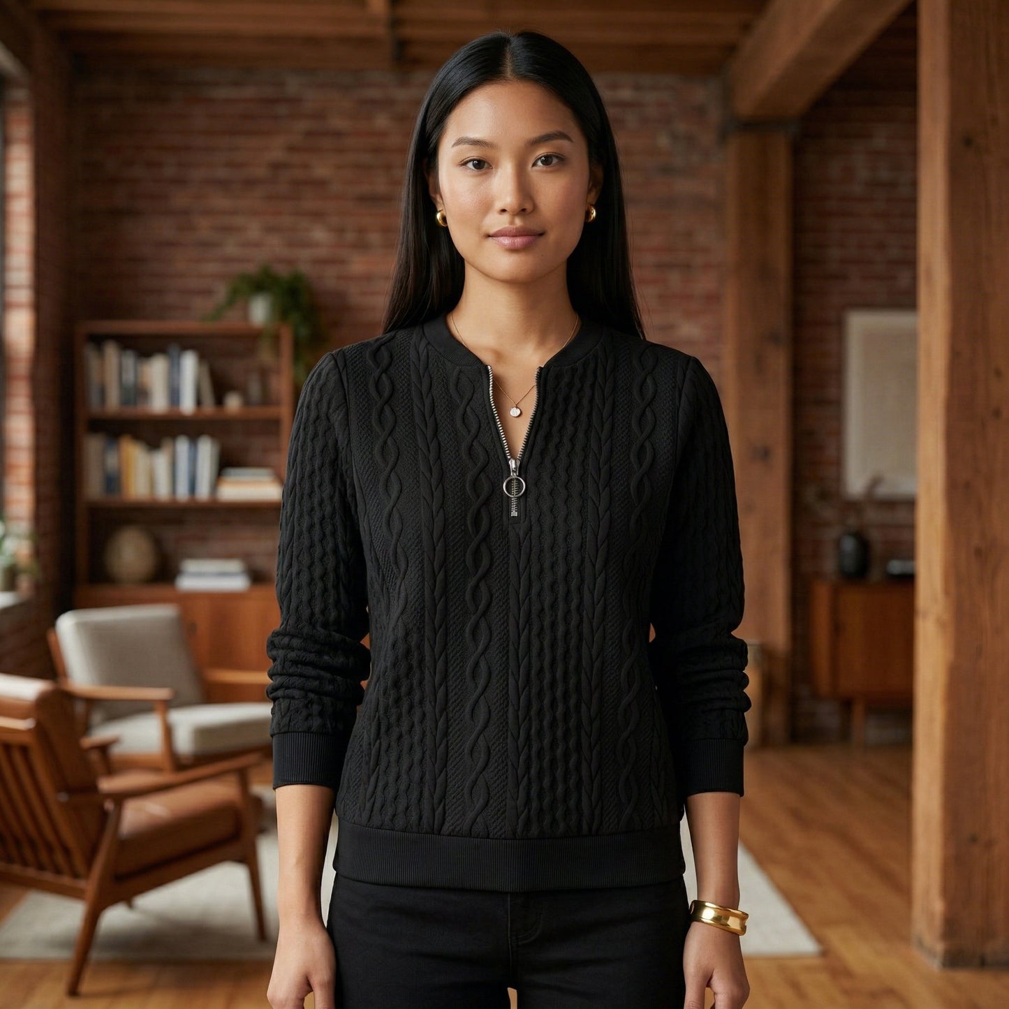 Schwarzer Damenpullover mit Zopfmuster und kurzem Reißverschluss, langärmlig, slim fit, hüftlang