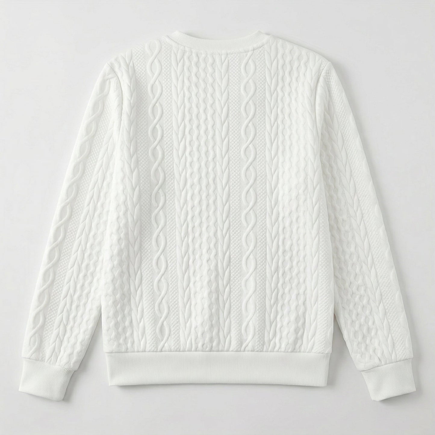 Weißes Sweatshirt mit verschiedenen Zopfmuster-Strickdetails, Rückansicht