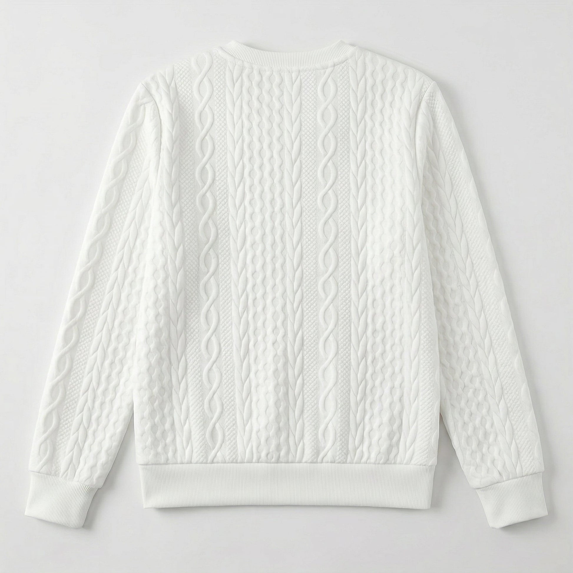 Weißes Sweatshirt mit verschiedenen Zopfmuster-Strickdetails, Rückansicht