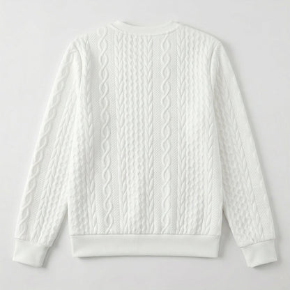 Weißes Sweatshirt mit verschiedenen Zopfmuster-Strickdetails, Rückansicht