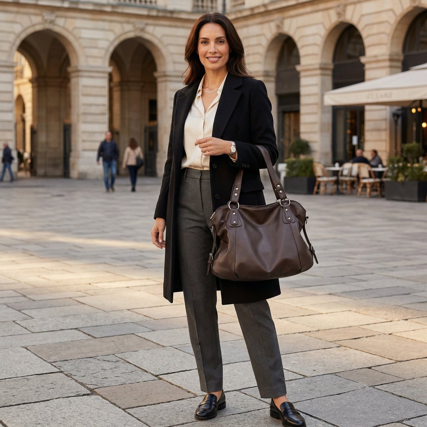 Dunkelbraune große Hobo Schultertasche aus weichem Leder mit silbernen Metallnieten, getragen von Frau
