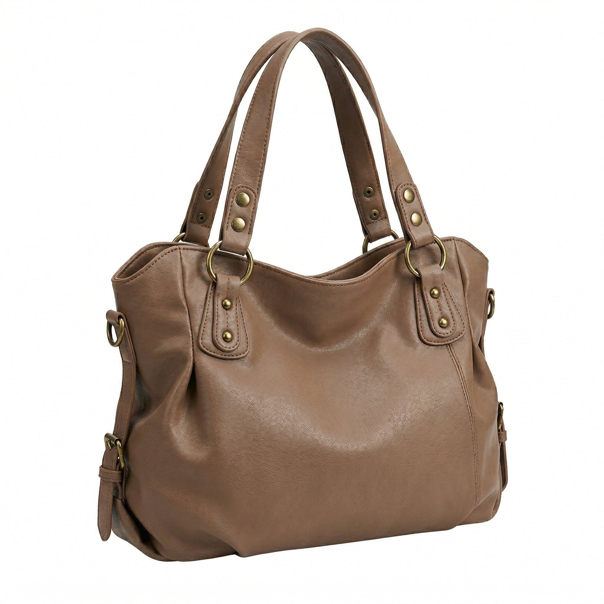 Große braune Hobo-Handtasche aus weichem Kunstleder mit goldfarbenen Metallringen und doppelten Tragehenkeln