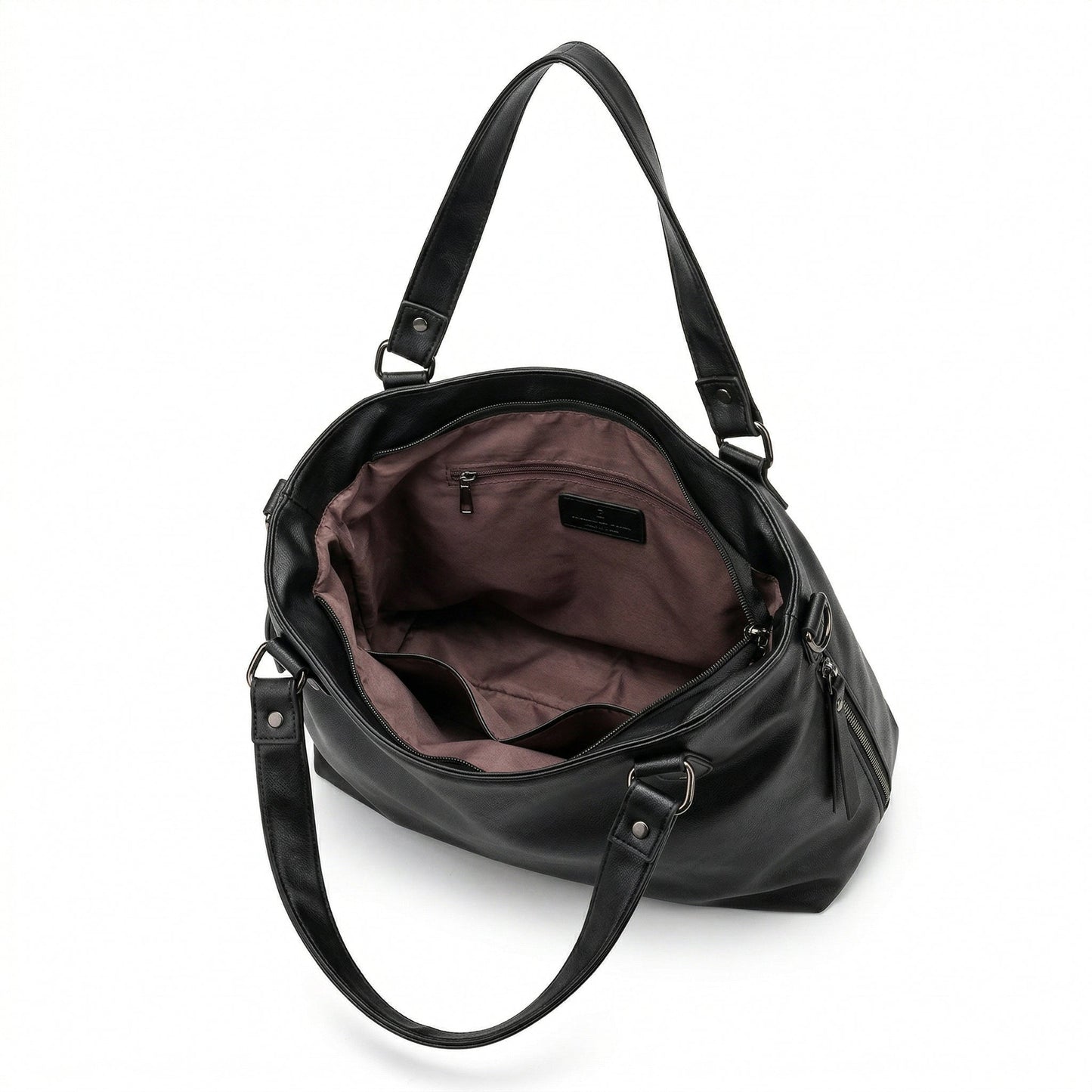 Große schwarze Hobo-Handtasche mit offenem braunem Innenfutter und mehreren Innenfächern