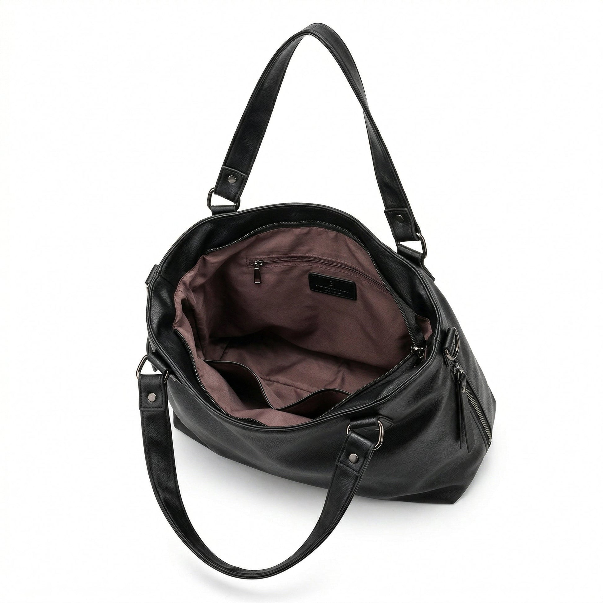 Große schwarze Hobo-Handtasche mit offenem braunem Innenfutter und mehreren Innenfächern