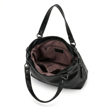 Große schwarze Hobo-Handtasche mit offenem braunem Innenfutter und mehreren Innenfächern