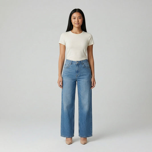 Hellblaue Damenjeans mit weitem Bein und hoher Taille, Frontansicht