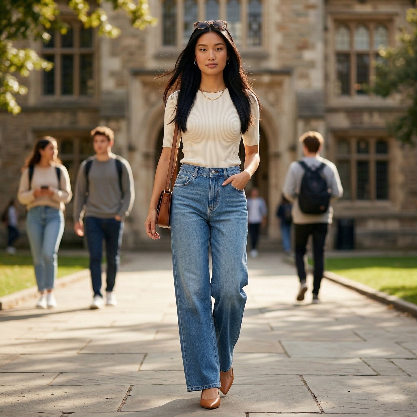 Damenjeans in mittlerem Blau mit weitem Bein und hohem Bund, frontale Ganzkörperansicht