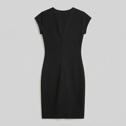 Schwarzes figurbetontes Midi-Kleid mit Rundhalsausschnitt und kurzen Ärmeln, Rückansicht