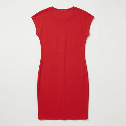 Rückansicht rotes midi Kleid mit Rundhalsausschnitt und kurzen Ärmeln, glatt und einfarbig