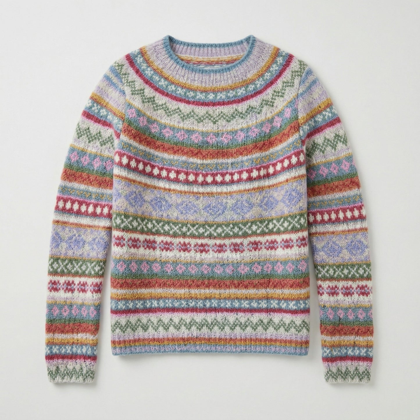 Bunter Strickpullover mit Rundhalsausschnitt und traditionellen Fair-Isle-Mustern, flauschig