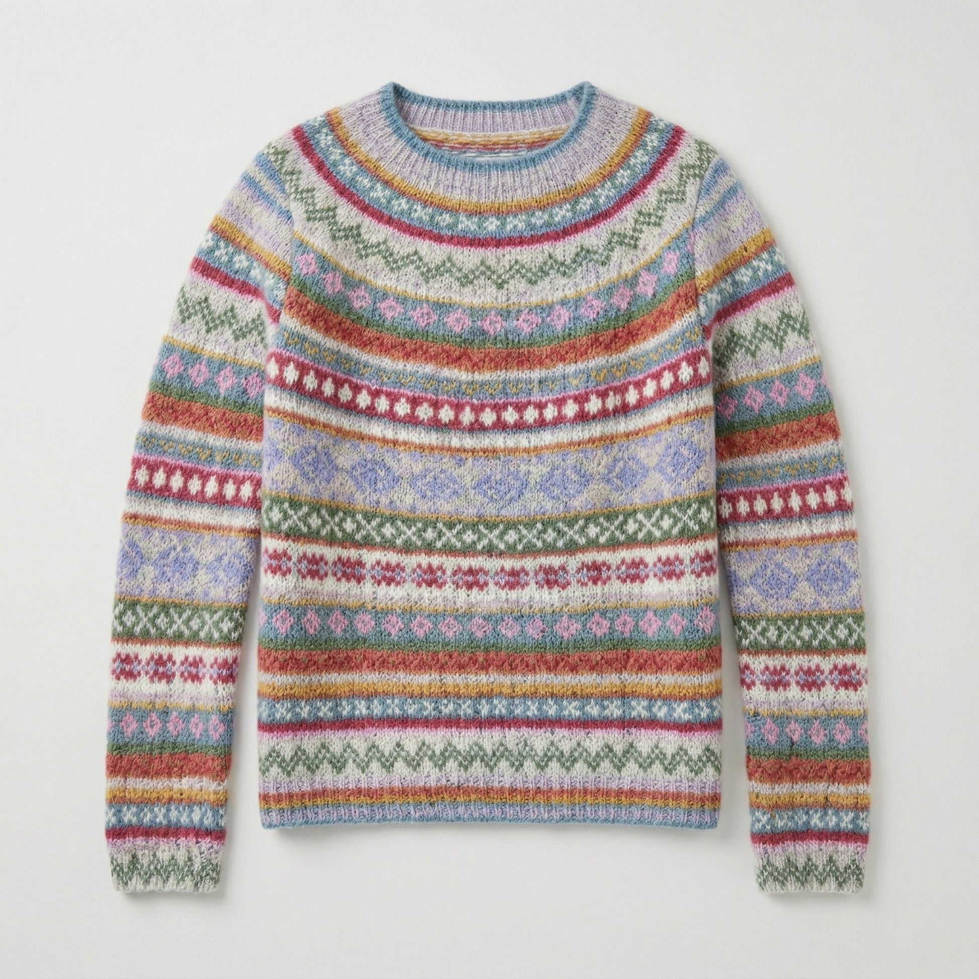 Bunter Strickpullover mit Rundhalsausschnitt und traditionellen Fair-Isle-Mustern, flauschig
