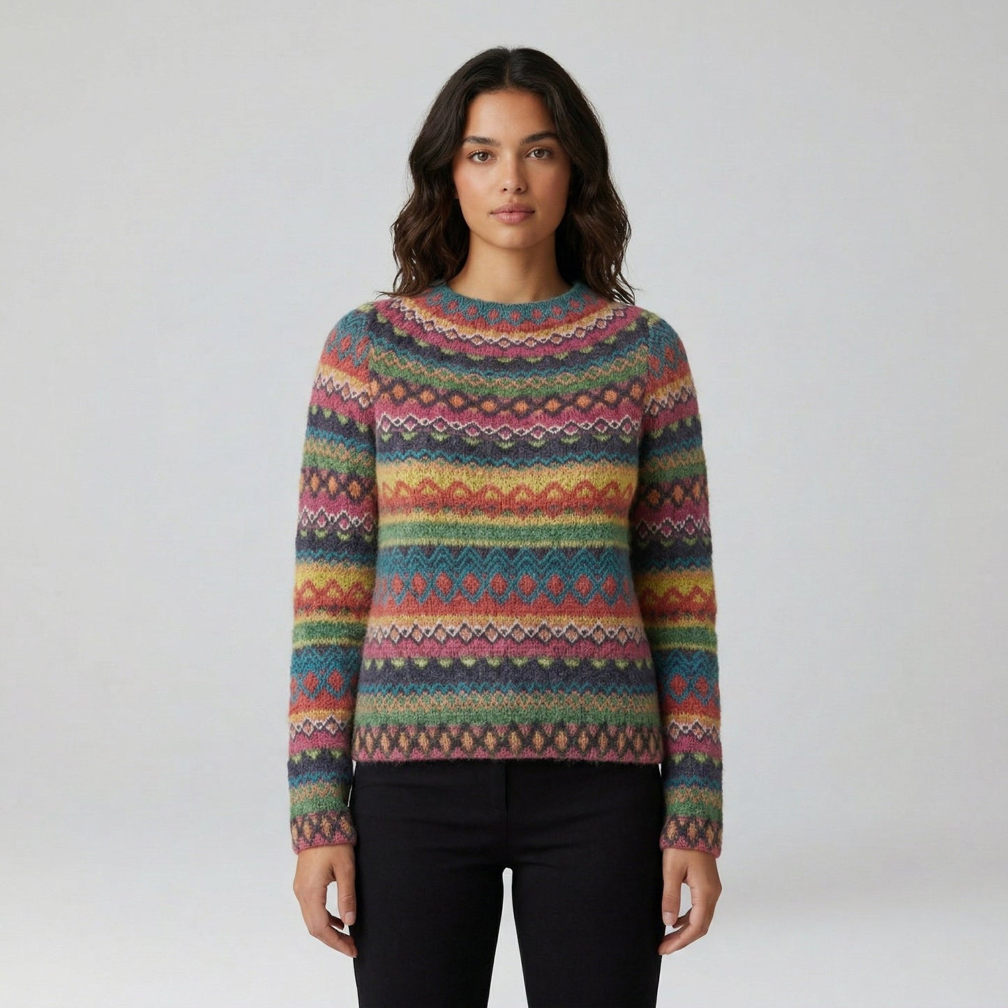 Bunter Damenpullover mit Rundhalsausschnitt und traditionellem Fair-Isle-Strickmuster, frontale Ansicht