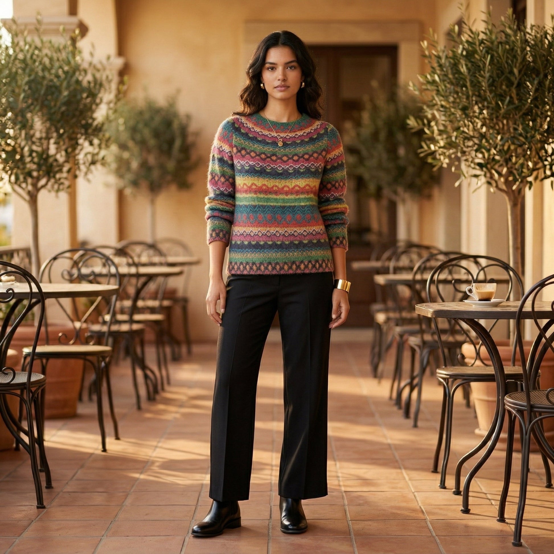Farbiger Norweger Strickpullover mit Rundhalsausschnitt und langem Arm, frontale Ganzkörperansicht