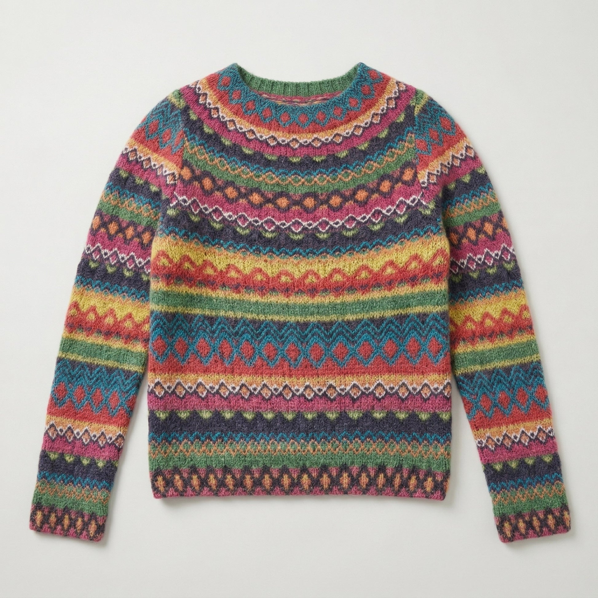 Bunter mehrfarbiger Fair-Isle Strickpullover mit Rundhalsausschnitt, flauschige Wollstruktur, flach liegend