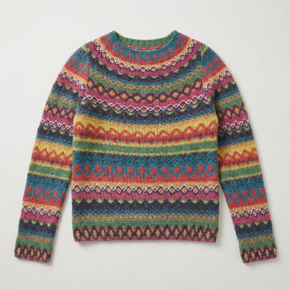 Bunter mehrfarbiger Fair-Isle Strickpullover mit Rundhalsausschnitt, flauschige Wollstruktur, flach liegend