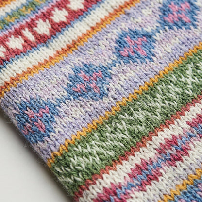 Nahaufnahme mehrfarbiger gestrickter Pullover mit buntem Streifenmuster und geometrischen Details