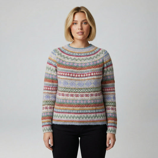 Mehrfarbiger Fair-Isle Strickpullover mit Rundhalsausschnitt, langärmelig, schmale Passform, frontal